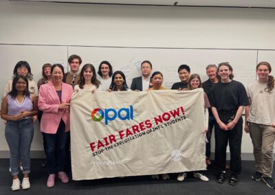 Member for Newtown Jenny Leong and a group of students hold a banner that says 'Opal: fair fares now! Stop the exploitation of international students.'